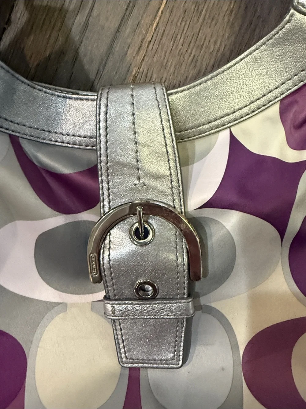 Coach Purple and Cream Signature Shoulder Bag with Silver Trim